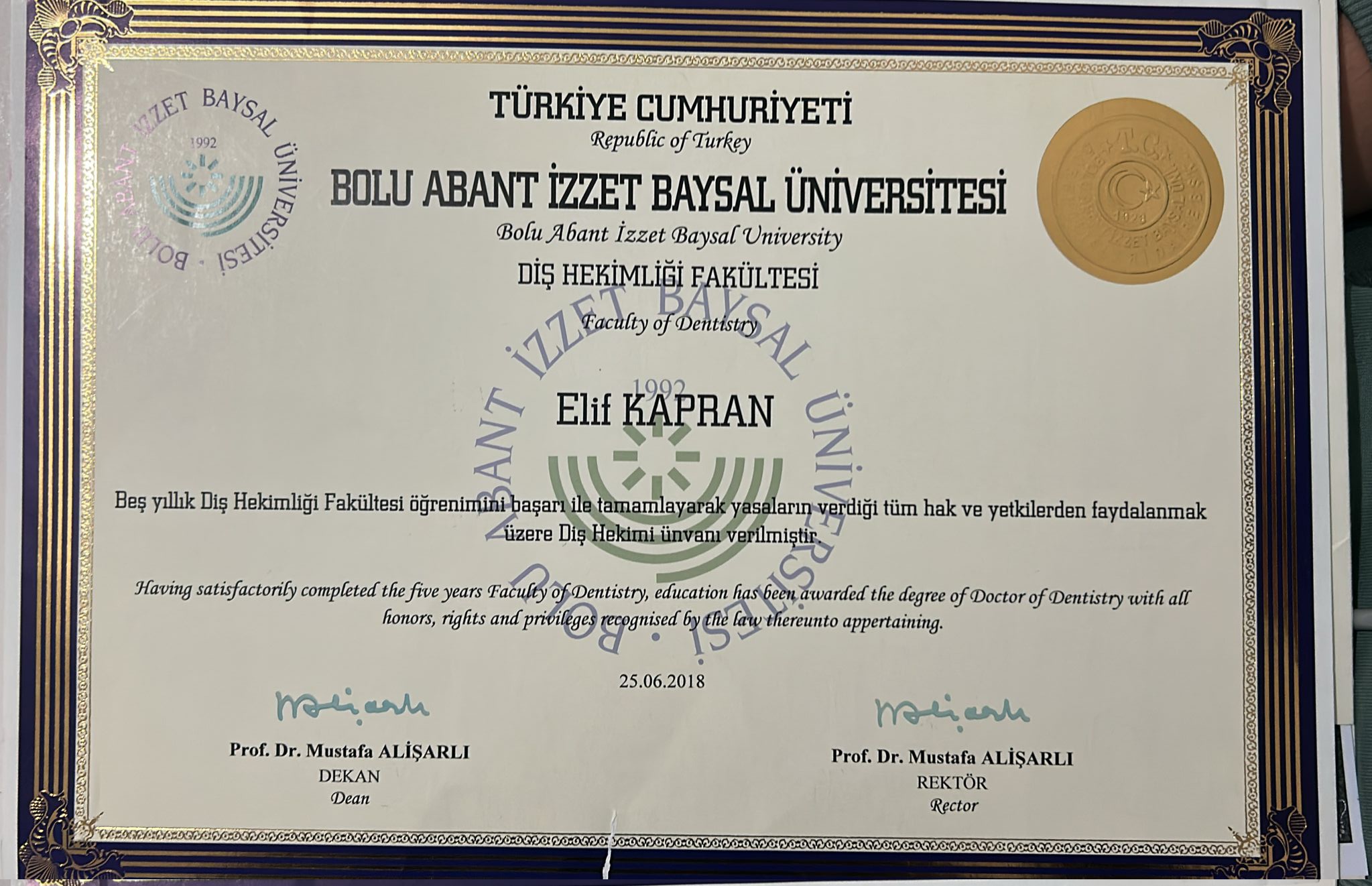 Dt. Elif KAPRAN BİRŞEN — Diploma