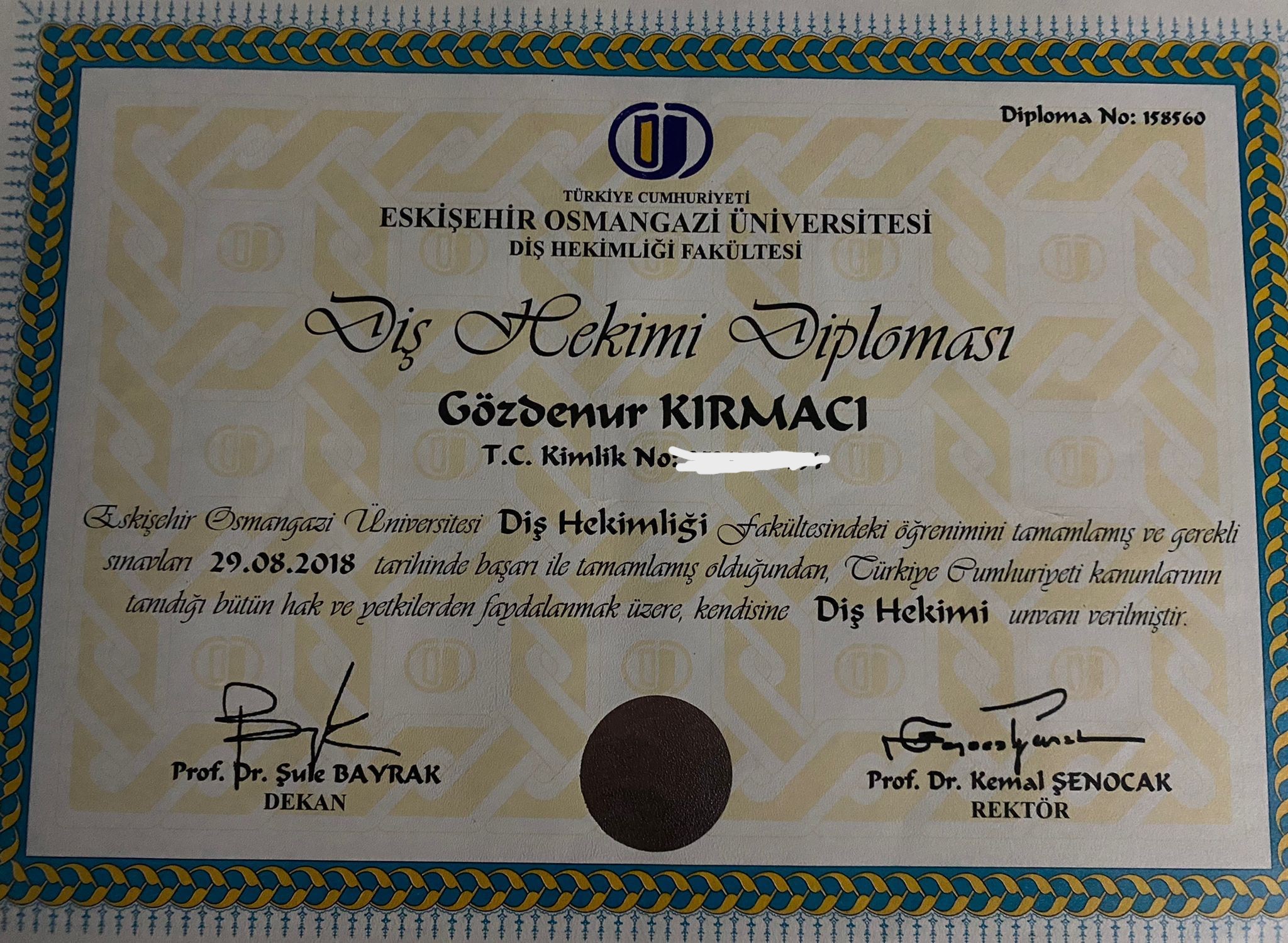 Dt. Gözdenur KIRMACI ÖZCAN — Diploma